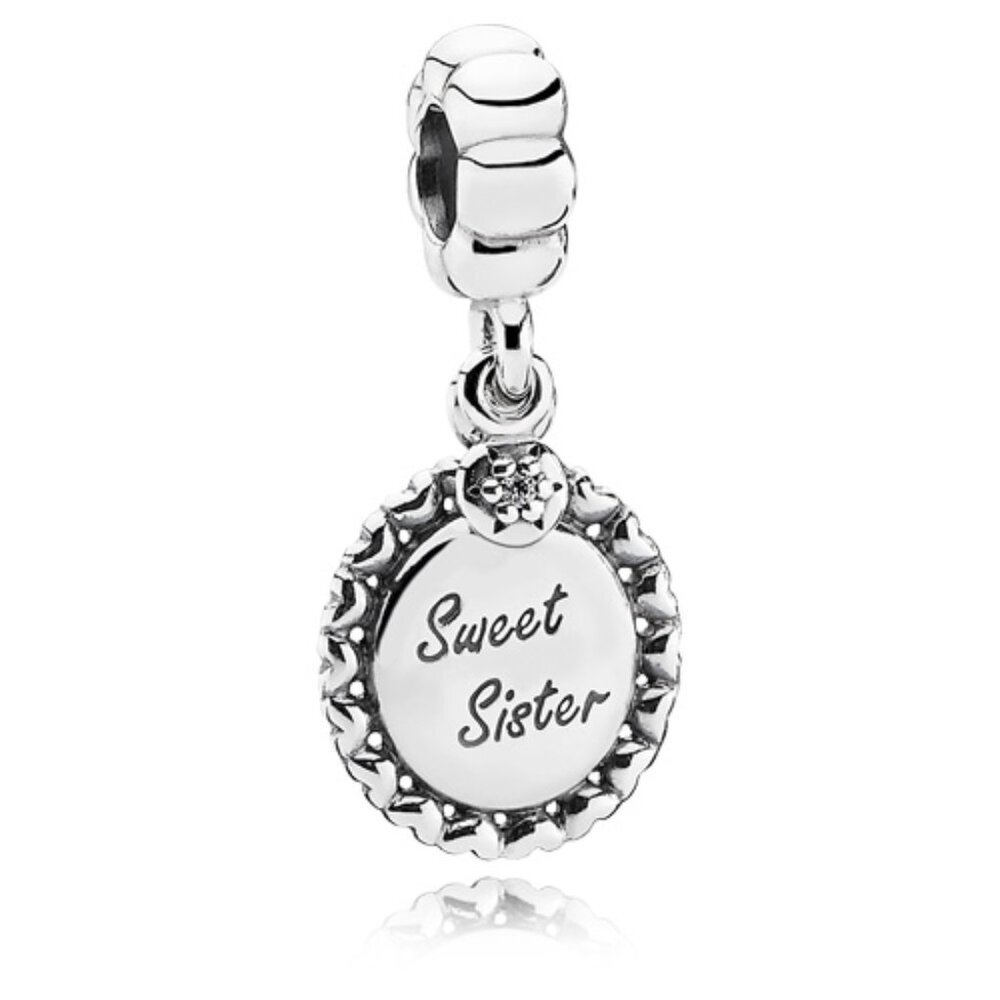PANDORA Sweet Sister Dangle Charm Authentic Sterling Silver Family BFF Zirconia